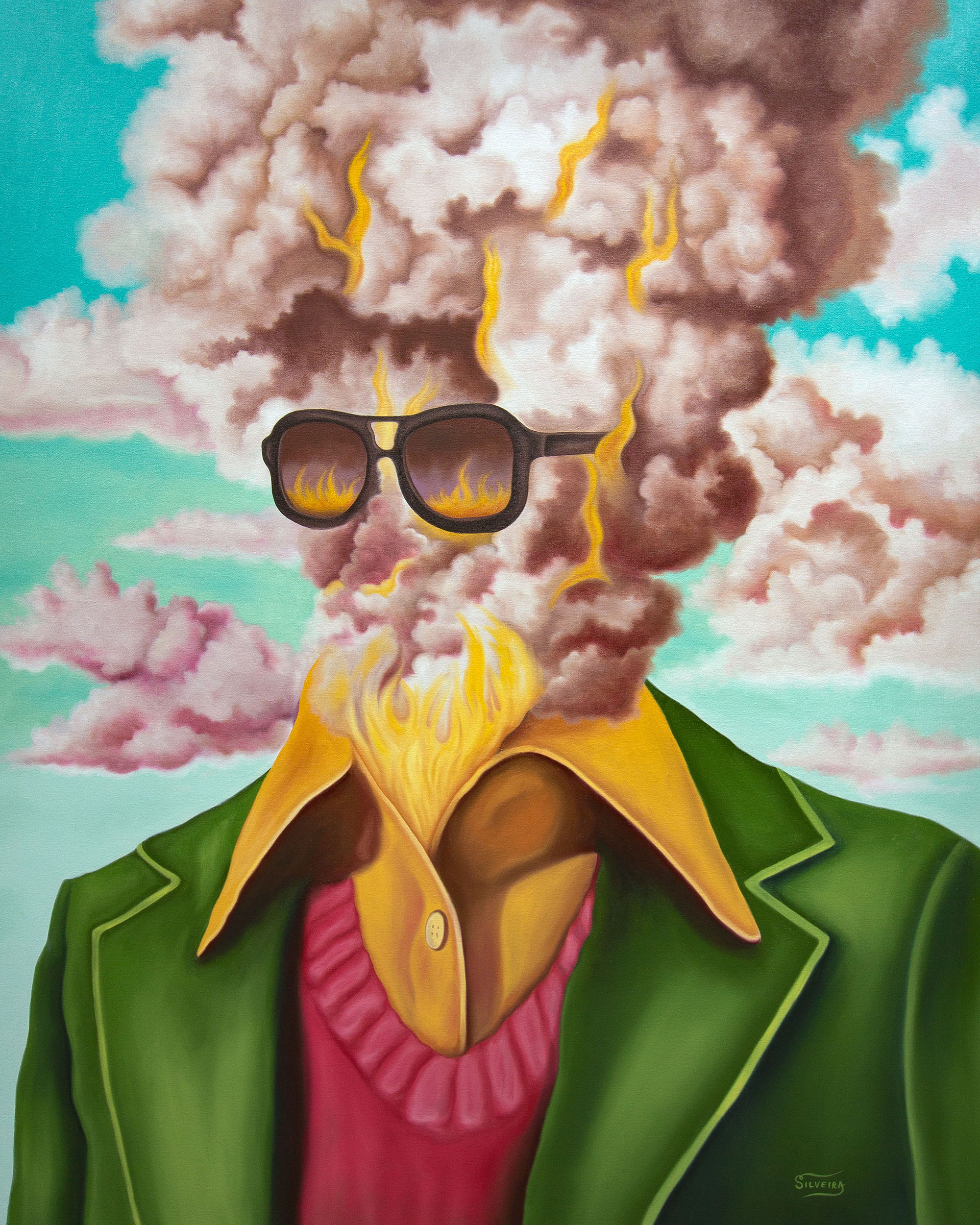 A vibrant and colorful portrait of a figure without a head, but instead a large cloud of smoke, lightning, flames, and sunglasses.