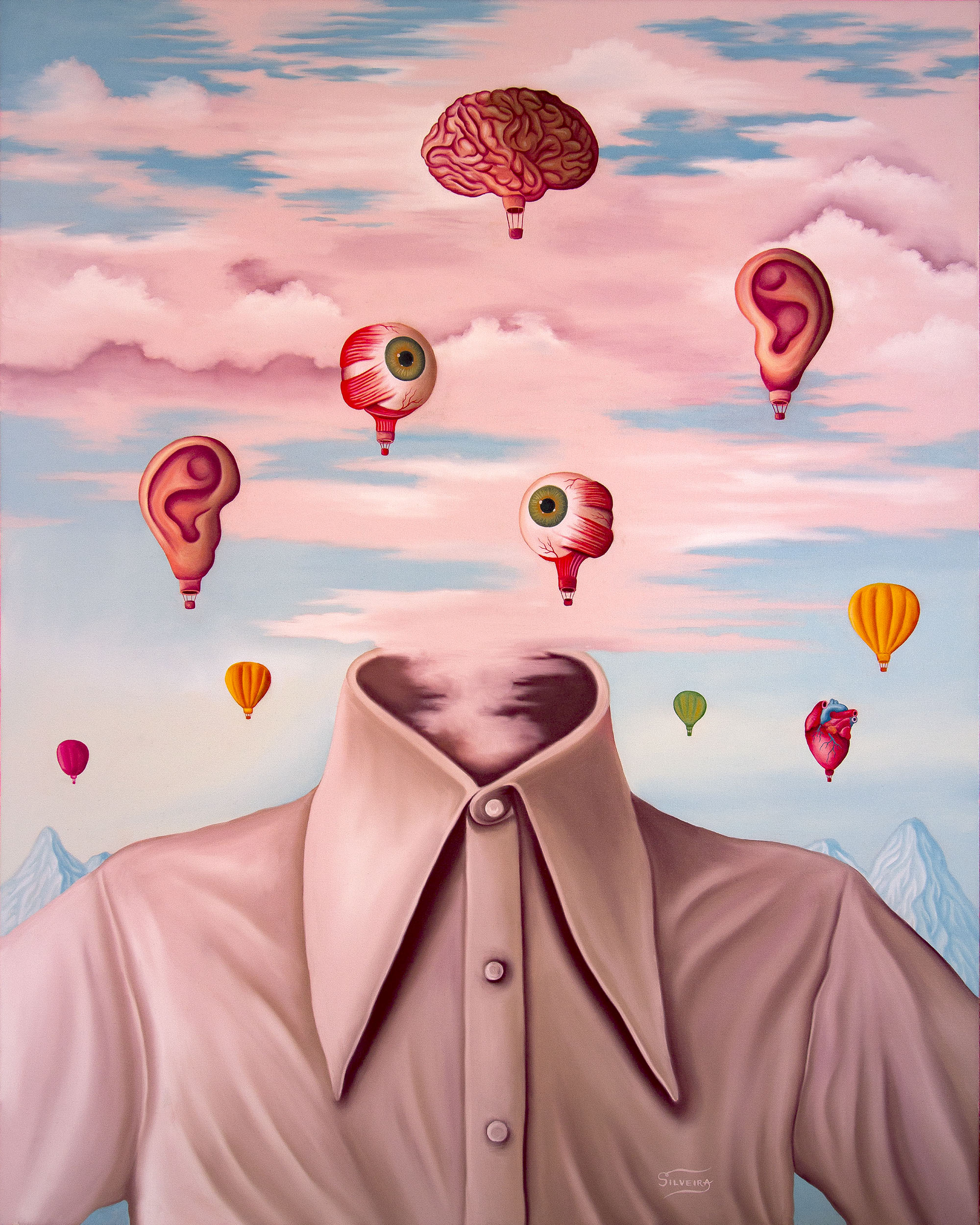 A vibrant and colorful portrait of a figure without a head, but instead two eyebals hovering above the rest of the body, like hot air balloons in the background