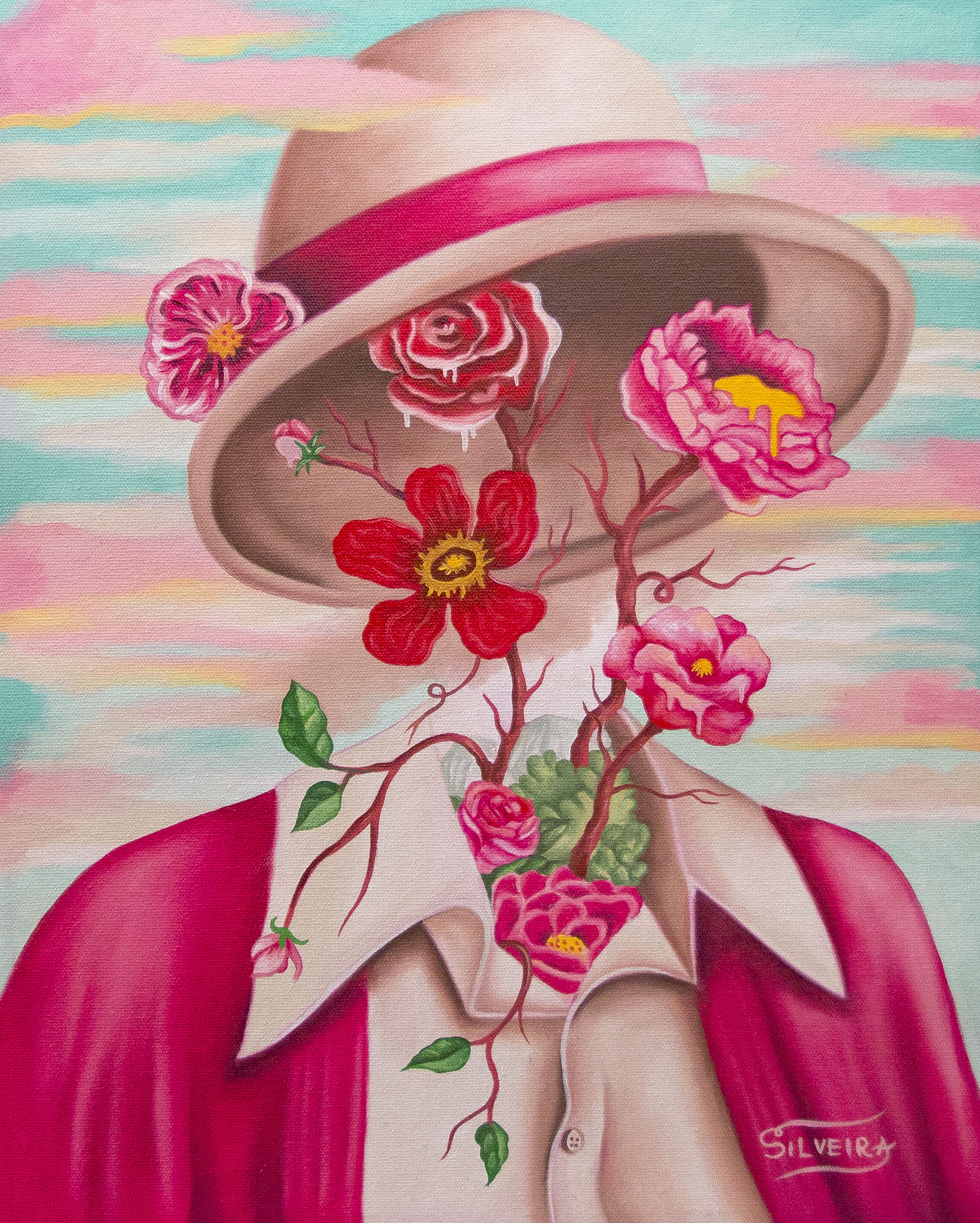 A vibrant and colorful portrait of a figure without a head, but instead pink and red flwoers growing upwards from the body, and a hat on top.