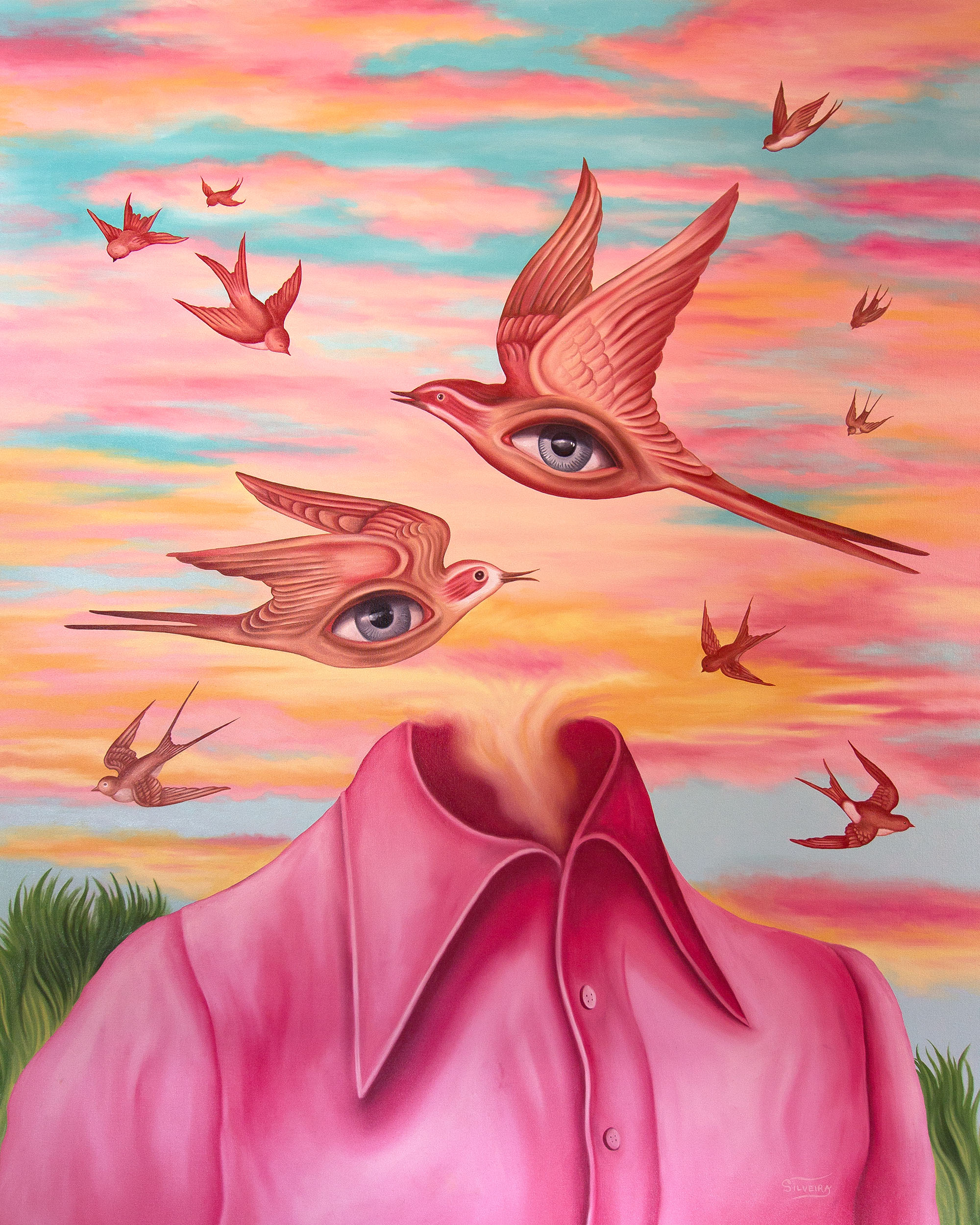 A vibrant and colorful portrait of a figure without a head, but instead birds flying nearby, with two eyeballs