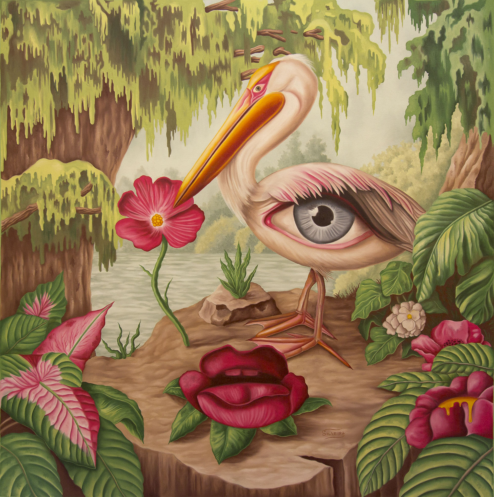 an Ibis with a large eyeball on its body, a hibiscus flower, and another flwoer make up the eyes and lips of a face.
