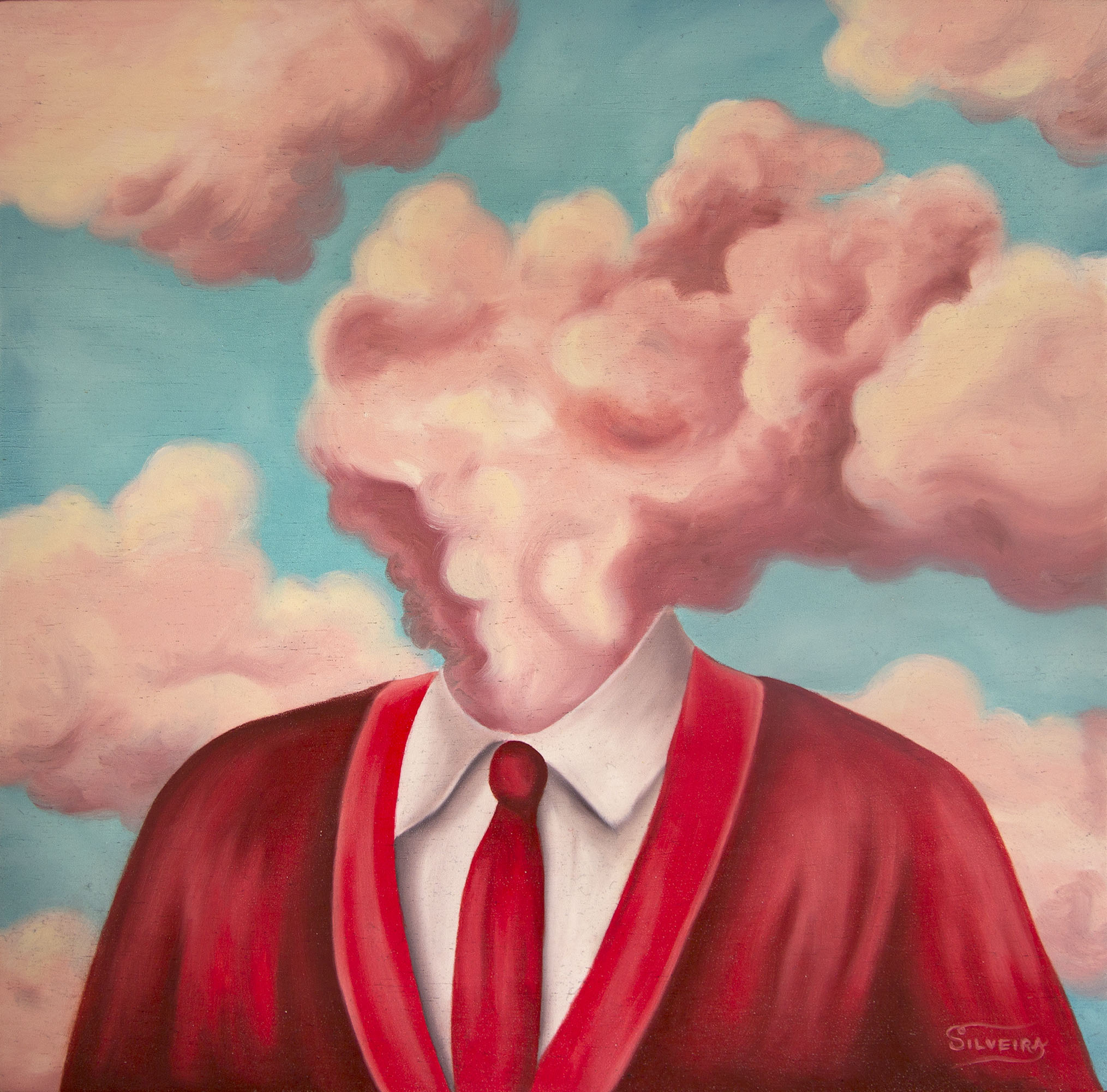 A vibrant and colorful portrait of a figure without a head, but instead a large pink cloud.