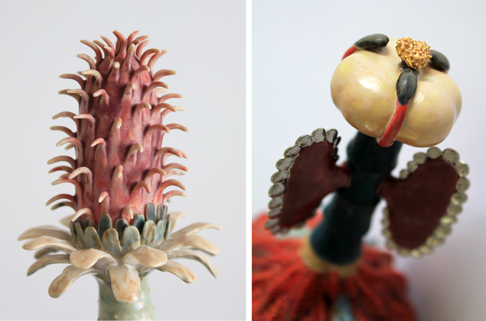 Two images side-by-side, each showing details of ceramic sculptures inspired by flowers and plants.