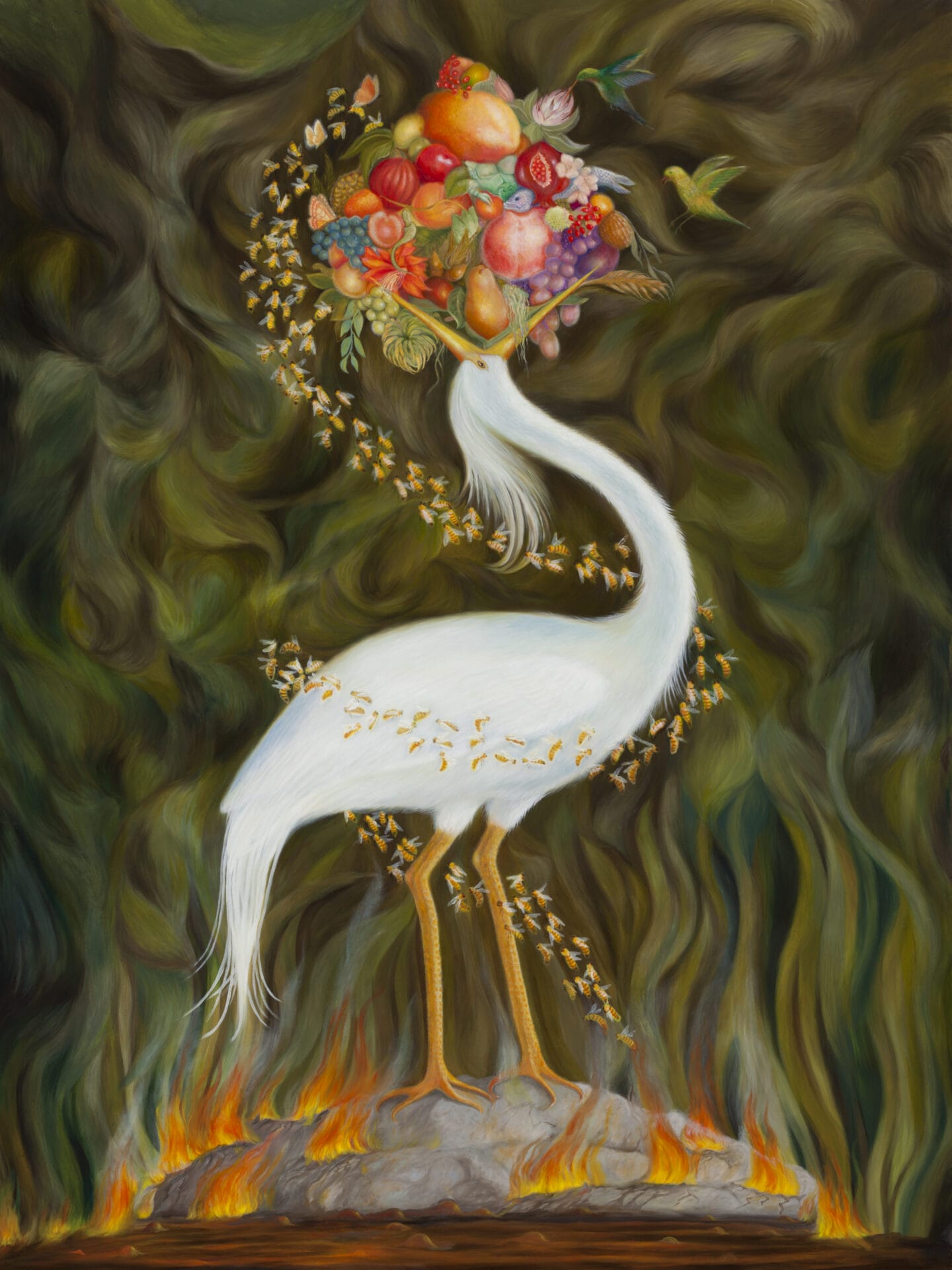 A white heron stands and opens its beak wide, a mountain of fruits towering from its mouth. It stands atop a fiery rock, and bees swarm it in a spiral motion.