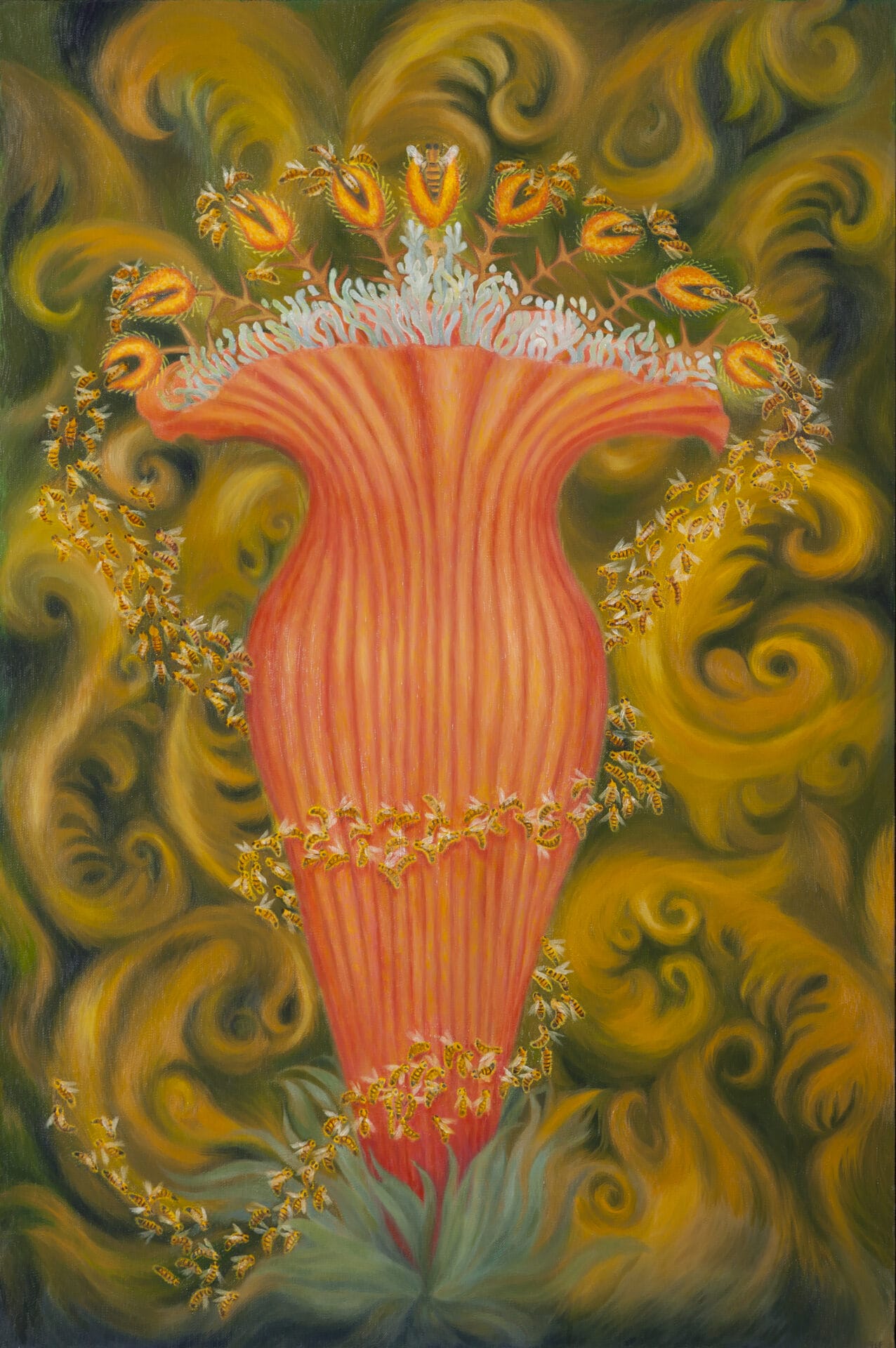 A tall, trumpet-shaped flower in coral hues stands against wispy golden strokes. Bees hover at the top of the flower.