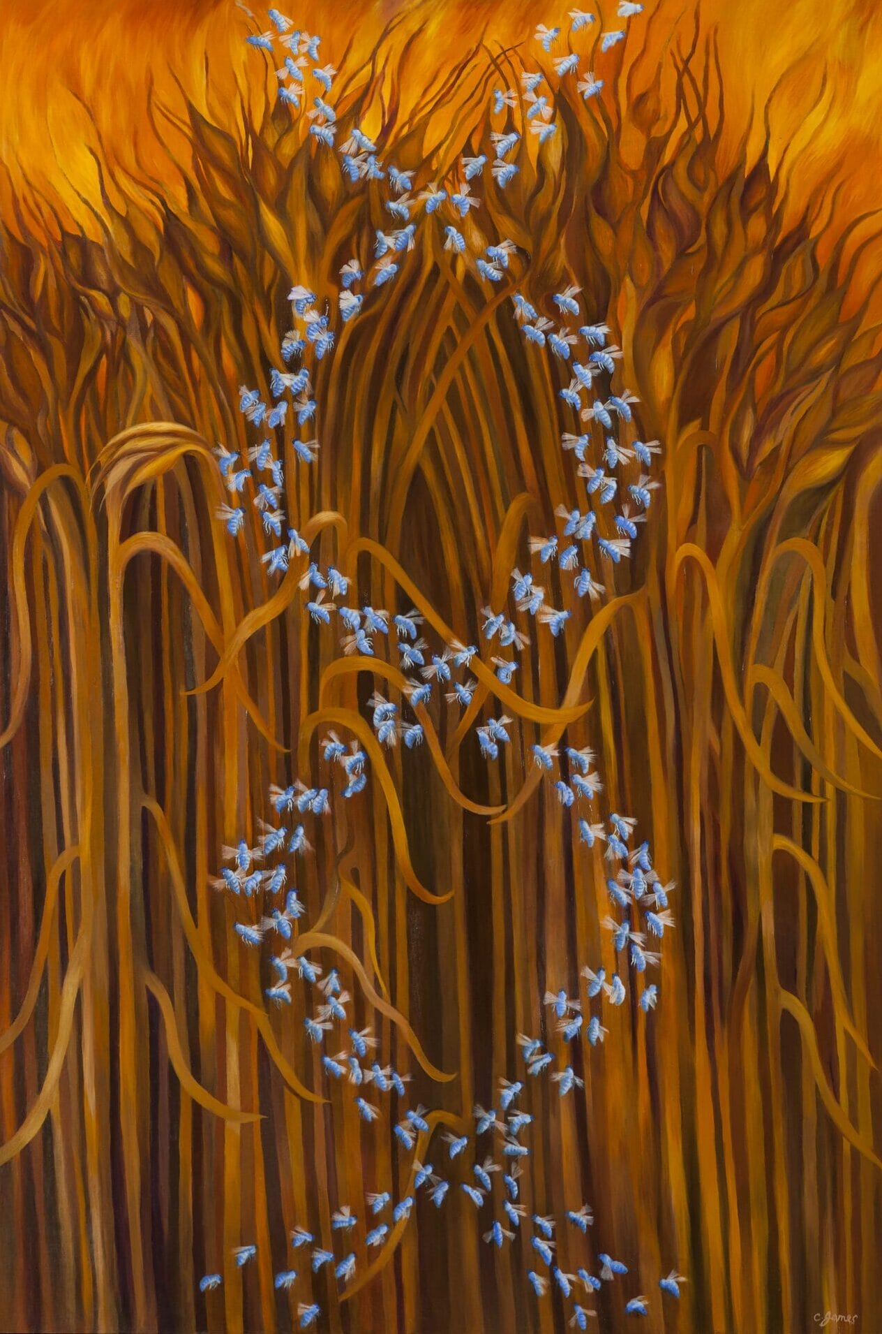 Against tall, burnt orange plants resembling corn stalks, bright blue bees hover in the form of a double helix.