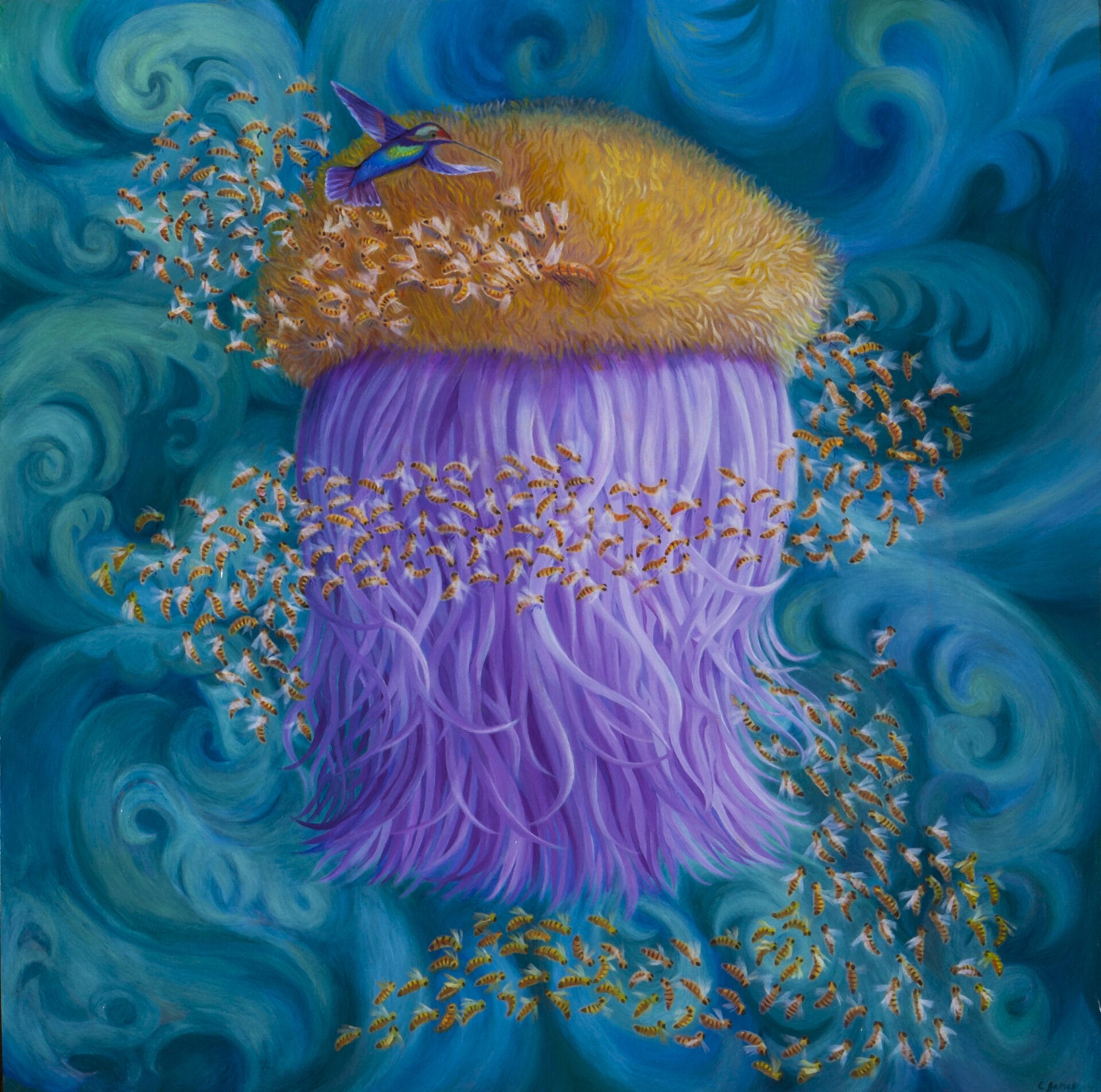 A purple and yellow sea flower mimics the form of a jellyfish.