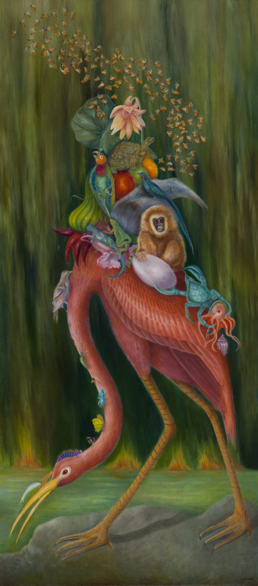 An orangutan, parrot, anteater, turtle, and sea creatures ride the back of a bright red heron.