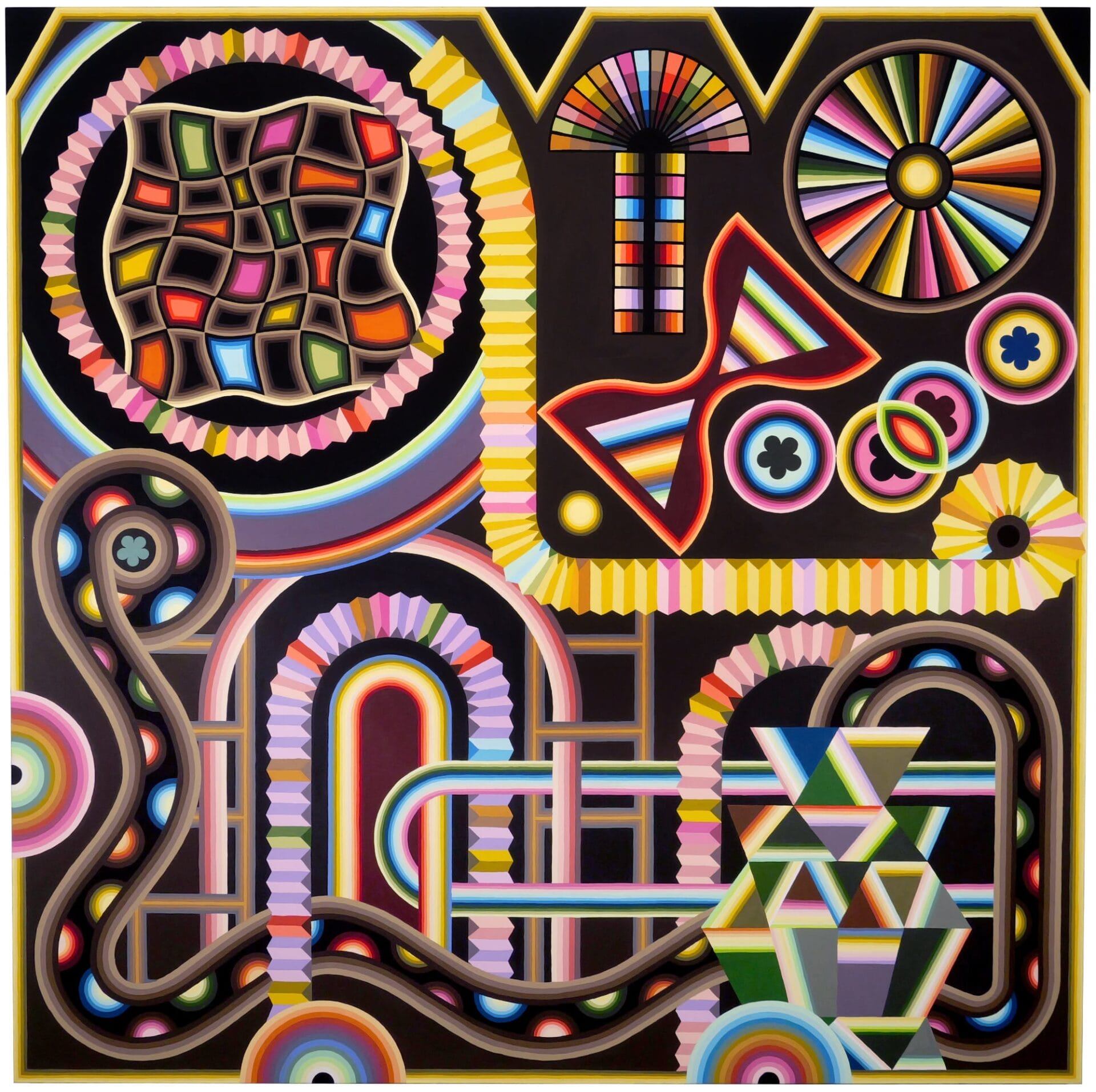 an abstract colorful painting with a writing snack at the bottom and gears and belts interspersed throughout