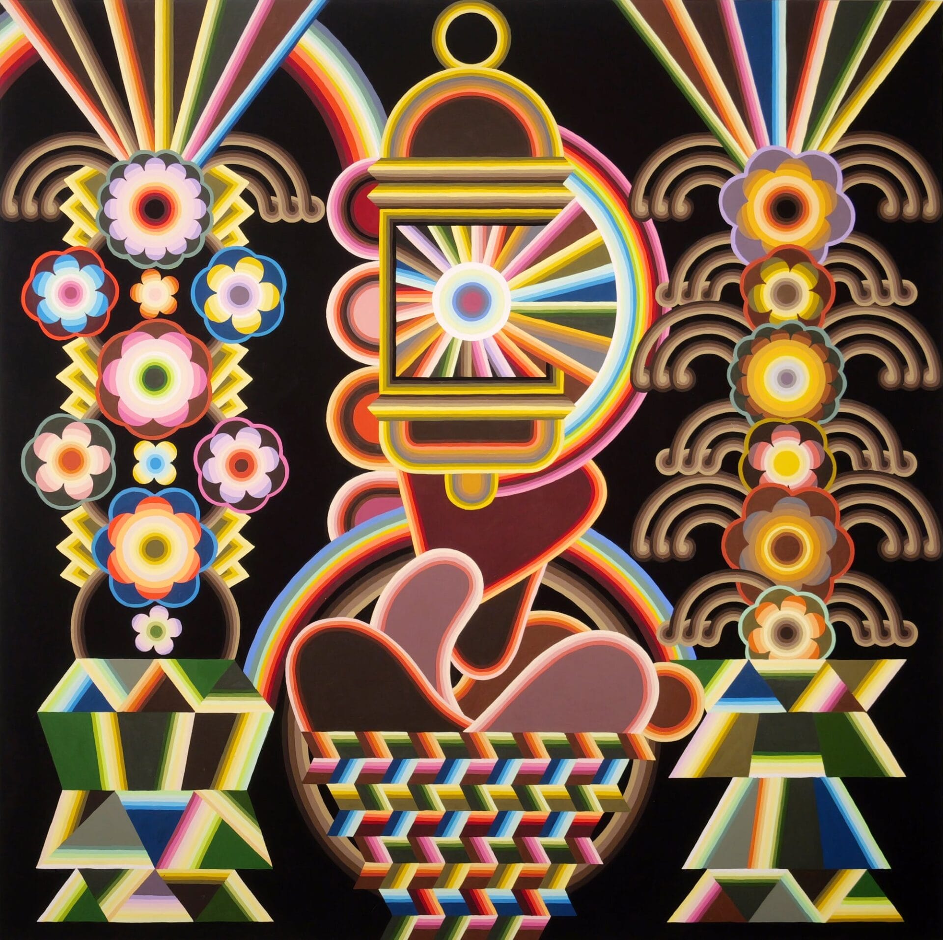 a painting with three pillars, the left and right are flowers and rays, and the center is a lantern with geometric elements. all on a black background