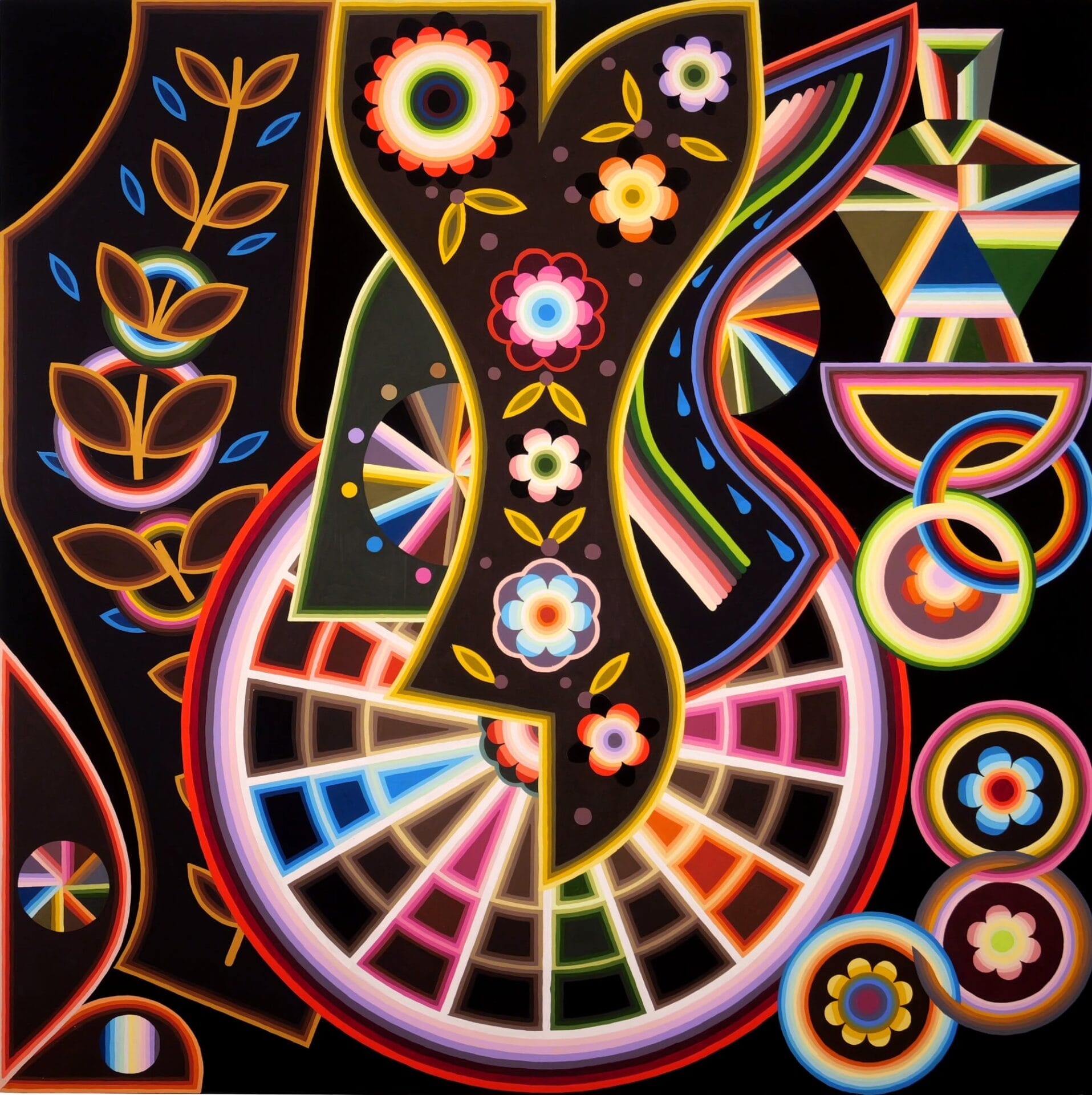 an abstract geometric painting with floral details in the center and radial elements throughout