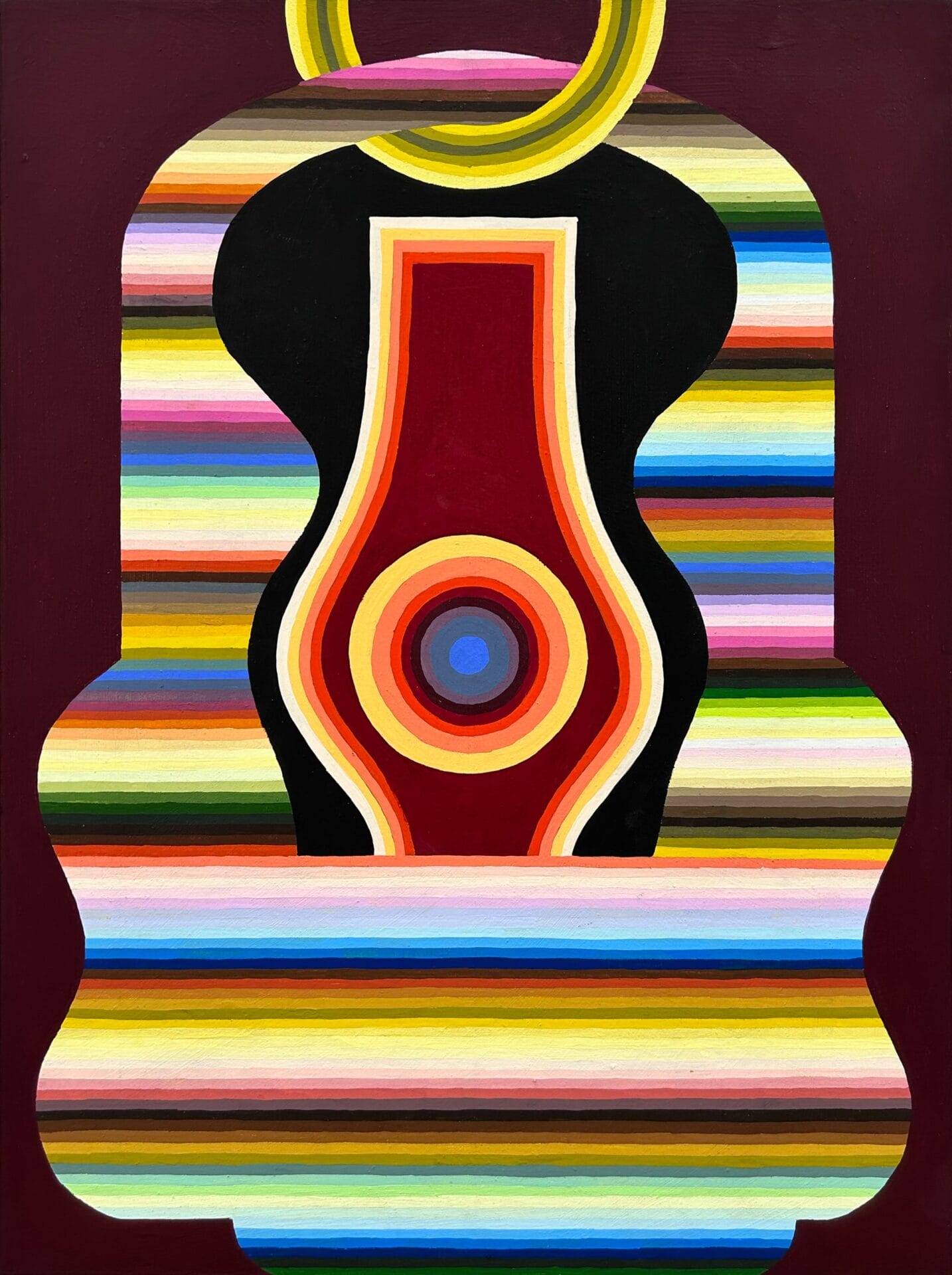 an abstract painting of a colorful striped lantern with a gold ring at the top