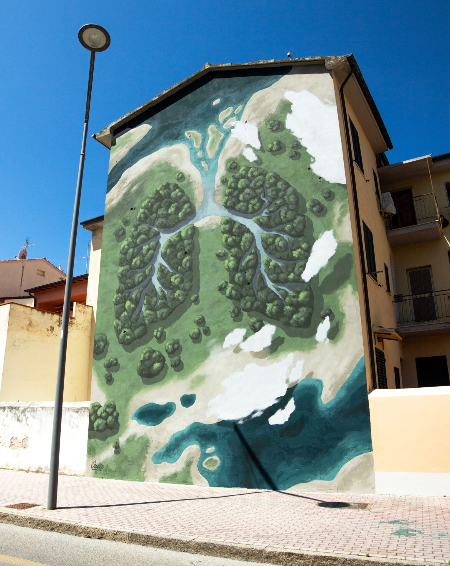 a large mural of a verdant landscape viewed from above in which the land and water creates the shape of human lungs